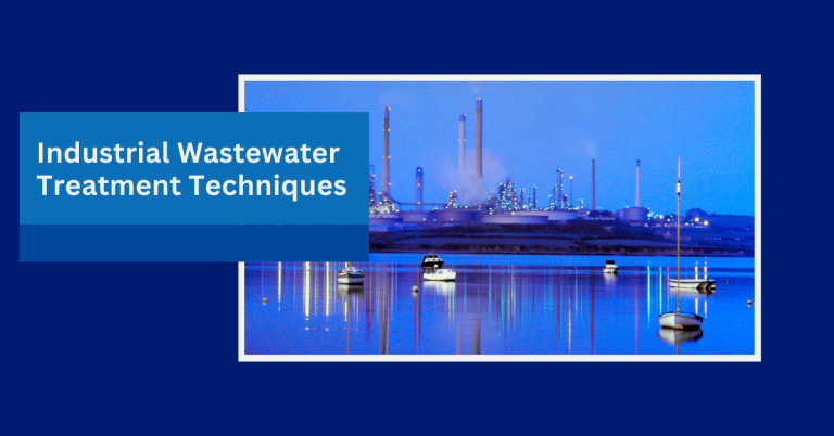 Banner with the title 'Industrial Wastewater Treatment Techniques' overlaying a photo of an industrial facility by a calm body of water with boats reflecting lights at dusk.