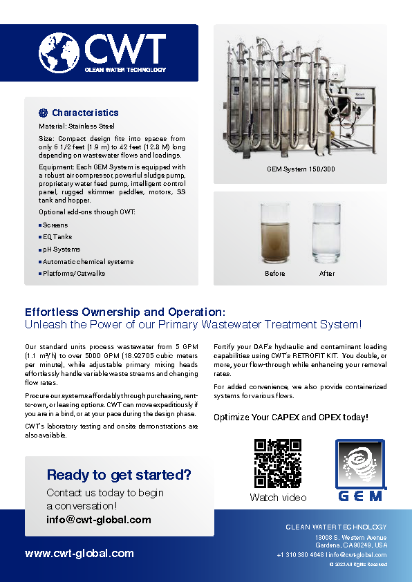 Clean Water Technology GEM System brochure highlighting stainless steel wastewater treatment unit features, optional add-ons, and visual before-and-after water samples.