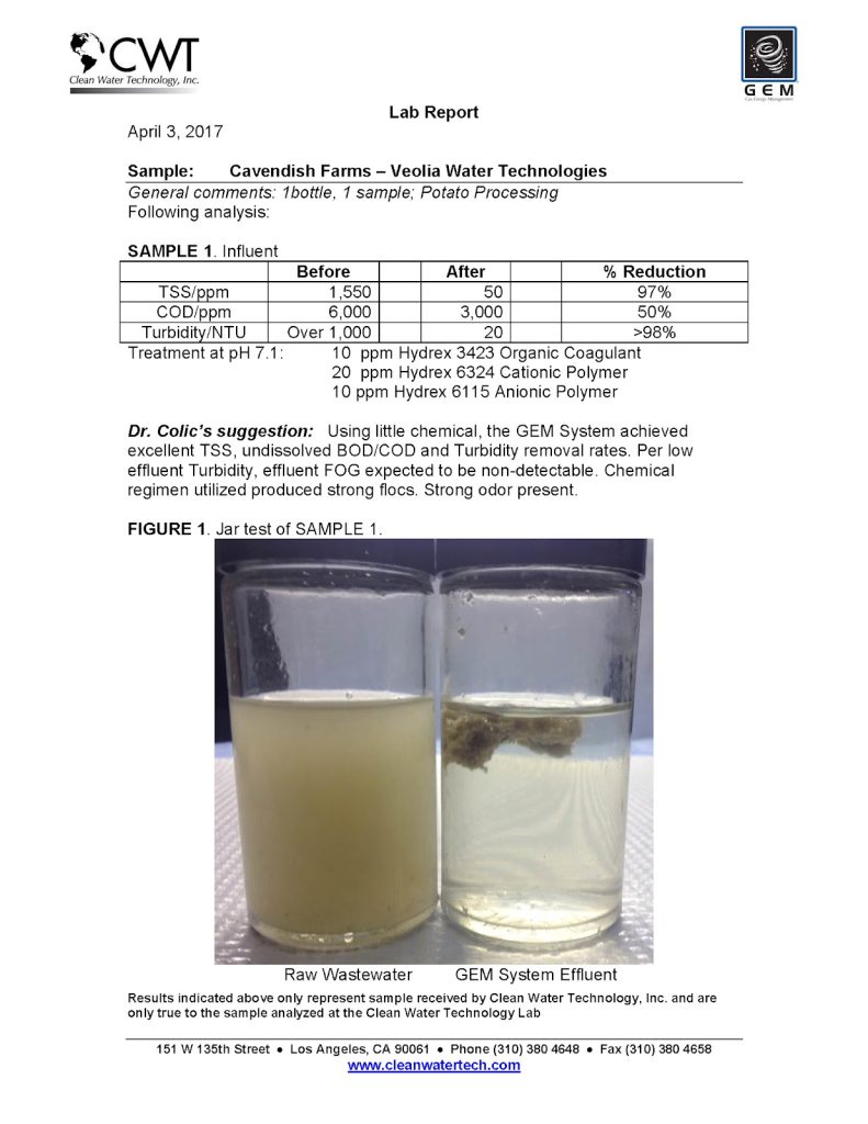 Lab report from Clean Water Technology showing before and after wastewater treatment results with significant reductions in TSS, COD, and turbidity using the GEM System.