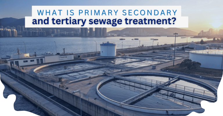 Aerial view of a wastewater treatment facility near a body of water at sunset, with text overlay reading "What is primary, secondary and tertiary sewage treatment?"